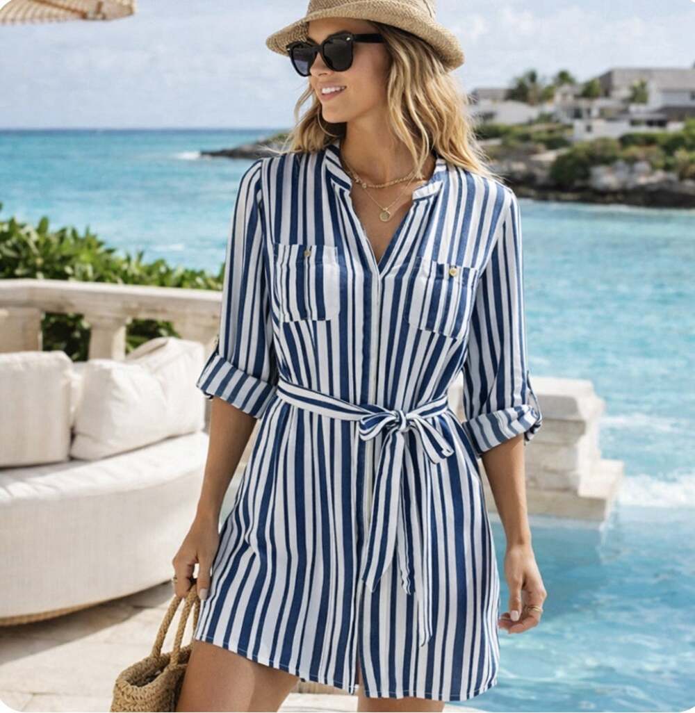 Tommy Bahama Sz M Coastal Blue Striped Belted Button LS Tunic Shirt Dress